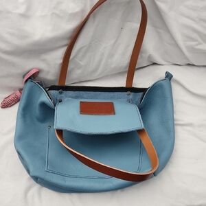 Chic Blue Leather Shoulder Bag with Brown Straps